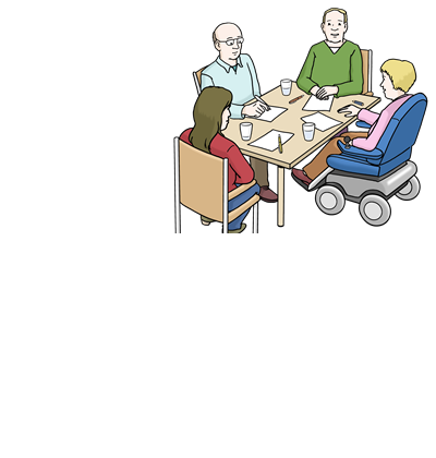 Vier Menschen sitzen an einem Tisch. Die Gruppe spricht über ein Thema.chzeichnung.