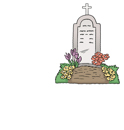 Ein Grabstein steht auf einem bunten Blumenbeet. Strichzeichnung. 
