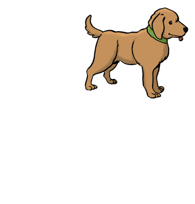 Ein brauner Hund mit grünem Halsband. Strichzeichnung.