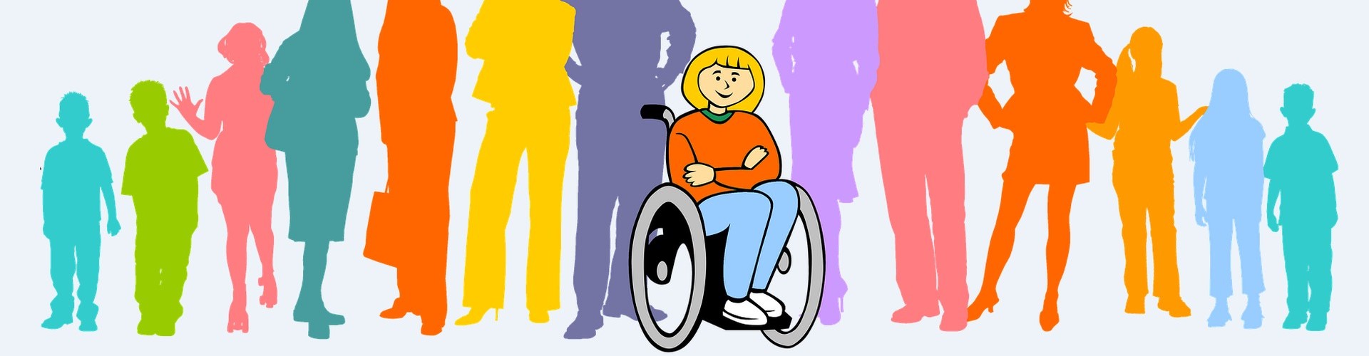 Bunte Darstellung von Menschen in einer Reihe, in der Mitte befindet sich ein Rollstuhlfahrer.