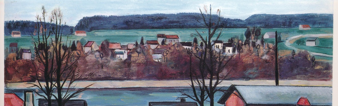 Ein Gemälde, welches den Blick auf ein Dorf zeigt. 