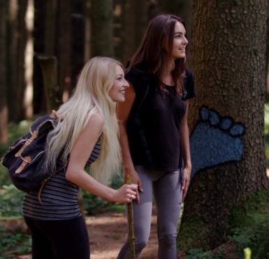 Zwei Frauen bestaunen den Wald der Bilder bei Schwindegg. 