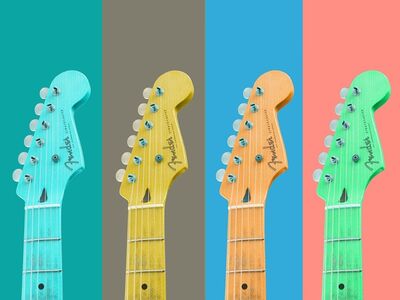 4 Gitarren vor buntem Hintergrund.