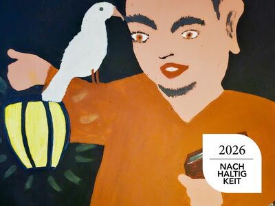 Seelenkunst Ausstellungsmotiv, Kultur im Rathaus Altötting, Foto: Seelenkunst Altötting Ausstellungsmotiv Mann mit weißem Vogel auf der Schulter und Laterne