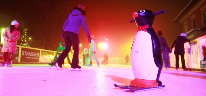 Synthetik-Eisbahn Bahnhofplatz, Kreisstadt Altötting, Foto: Julian Spilker Ein Pinguin als Schlittschuh-Hilfe auf der hochmodernen Synthetik-Eisbahn am Bahnhofplatz!