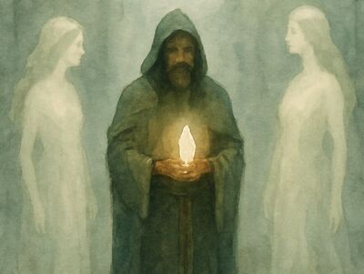 Ein Mann in Kutte steht mit einem Licht in der Hand in der Mitte von zwei hellen Frauen.