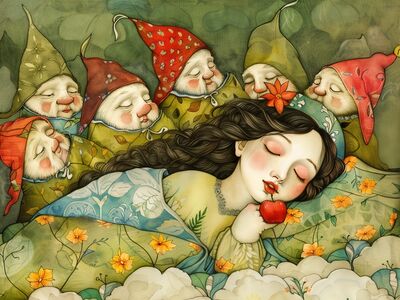 Eine Zeichnung mit dem schlafenden Schneewittchen, umringt von den Zwergen.