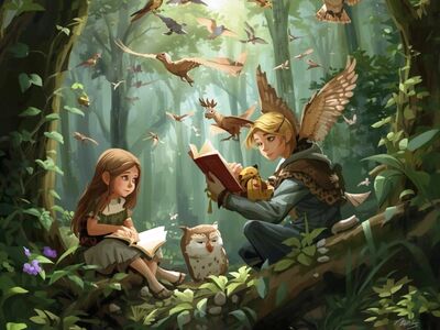 Illustriertes Foto von einem Mädchen und einem Jungen im Wald mit vielen Vögeln.