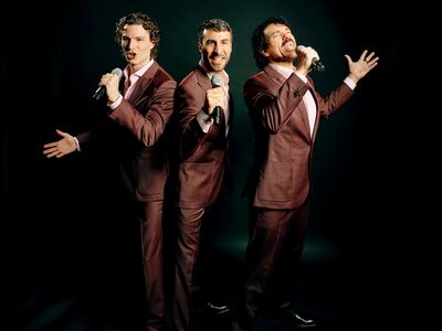 Drei  Männer in braunen Anzügen singen in ihre Mikrofone.