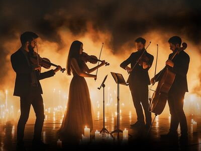 Vier Musiker auf einer Bühne mit vielen Kerzen.