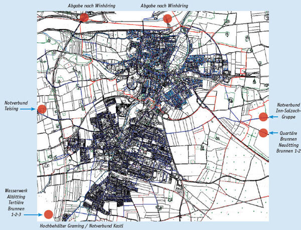 Plan zur Wasserverteilung im Stadtgebiet Altötting.