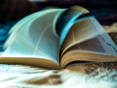 Aufgeschlagenes Buch mit wirbelnden Seiten