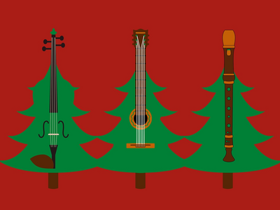 Nachgluehen, Christkindlmarkt, Scharnagl, Forum, Altoetting, Bild Pixabay Grüne Weihnachtsbäume und Gitarren vor rotem Hintergrund.