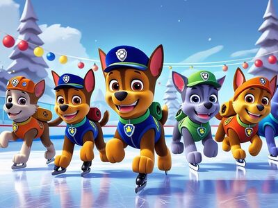 Hunde auf Schlittschuhen im Winter.