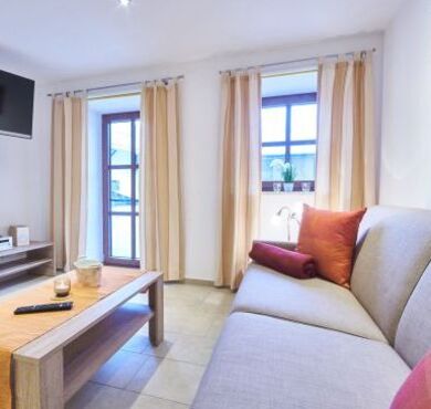 Wohnzimmer mit Couch und Tisch und Terrasse. 