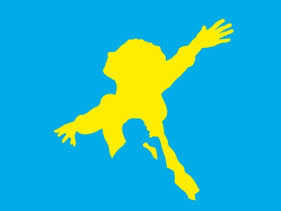 Gelbe Figur auf blauem Hintergrund.
