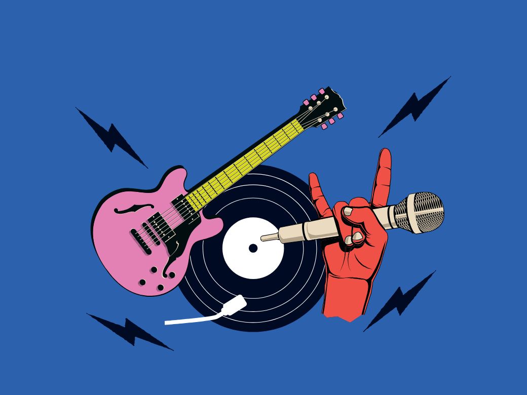 Fonse rockt, Forum Altoetting, Bild Logo Gitarre, Schallplatte und Mikrofon vor blauem Hintergrund.