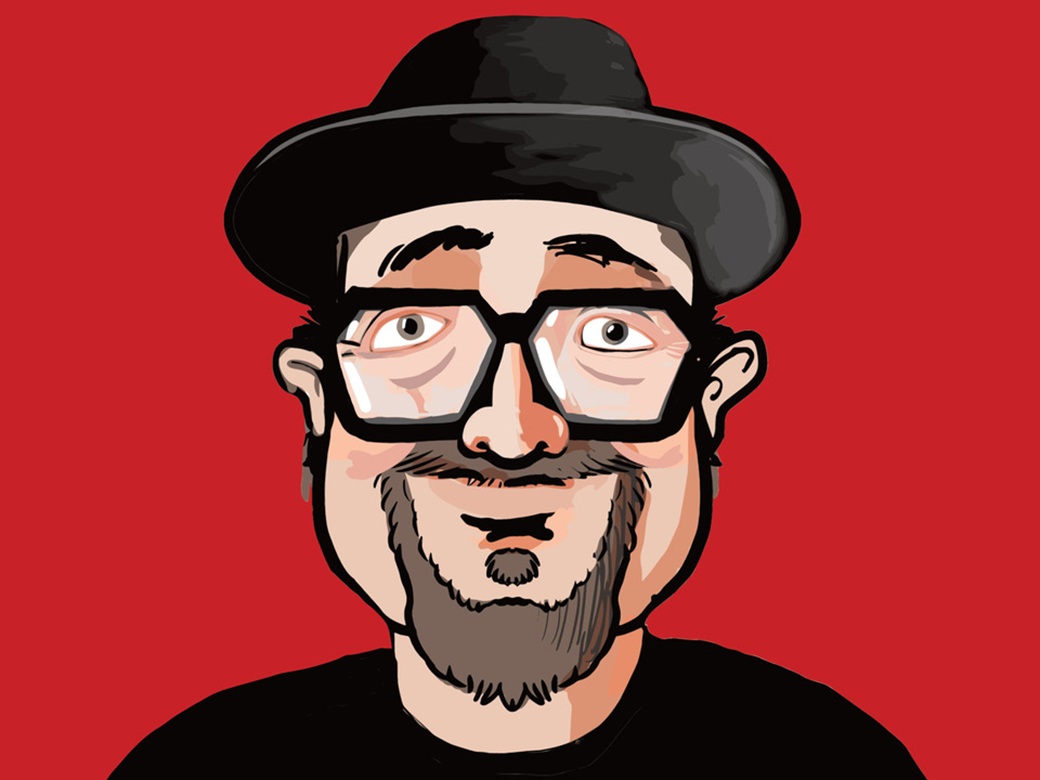 HelmutA. Binser, Forum Altötting, Bumm, Bild Gymmik Eine Comiczeichnung von einem Mann mit Hut.