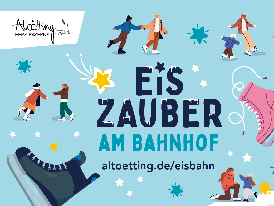 Synthetik-Eisbahn Bahnhofplatz, Kreisstadt Altötting, Bild: Veranstalter Schwarze und rosafarbene Schlittschuhe vor hellblauem Hintergrund und Sternen, Schneeflocken und Eisläufern.