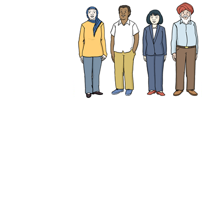 Menschen aus verschiedenen Ländern, Altötting, Leichte Sprache, Foto Lebenshilfe für Menschen mit geistiger Behinderung Bremen e.V., Illustrator Stefan Albers, Atelier Fleetinsel, 2013 Menschen mit verschiedener Hautfarbe und aus verschiedenen Ländern stehen nebeneinander. Strichzeichnung.