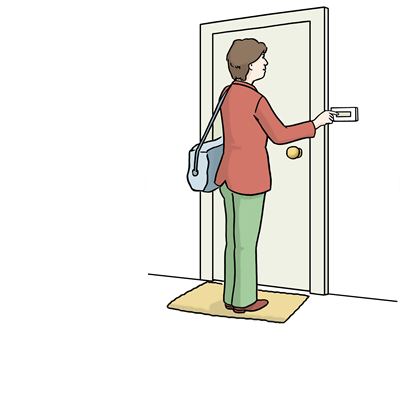 Betreutes Wohnen, Altötting, Leichte Sprache, Foto Lebenshilfe für Menschen mit geistiger Behinderung Bremen e.V., Illustrator Stefan Albers, Atelier Fleetinsel, 2013 Eine Dame klingelt an einer Tür, um dort zu helfen. Strichzeichnung.