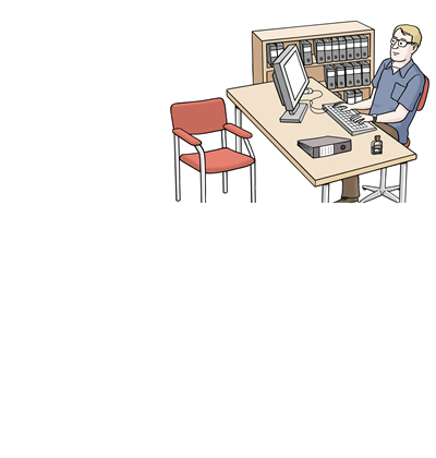 Amt, Altötting, Leichte Sprache, Foto Lebenshilfe für Menschen mit geistiger Behinderung Bremen e.V., Illustrator Stefan Albers, Atelier Fleetinsel, 2013 Ein Mann vom Amt sitzt hinter einem Schreibtisch. Strichzeichnung.