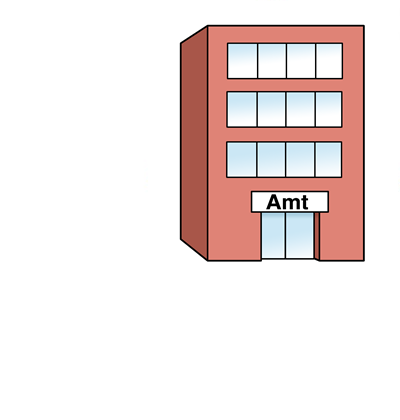 Ein Gebäude trägt den Namen Amt. Strichzeichnung. 