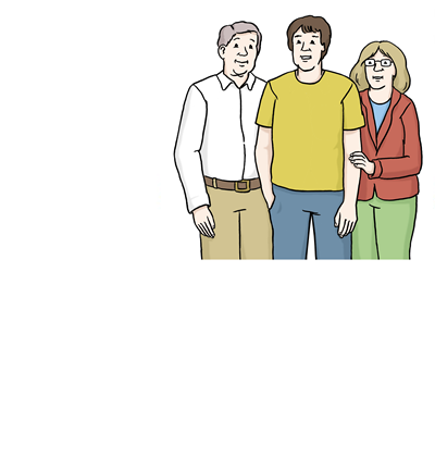 Familie, Angehörige, Eltern mit Kind, Altötting, Leichte Sprache, Foto Lebenshilfe für Menschen mit geistiger Behinderung Bremen e.V., Illustrator Stefan Albers, Atelier Fleetinsel, 2013 Eine Familie mit Vater, Mutter und Sohn steht nebeneinander. Strichzeichnung.