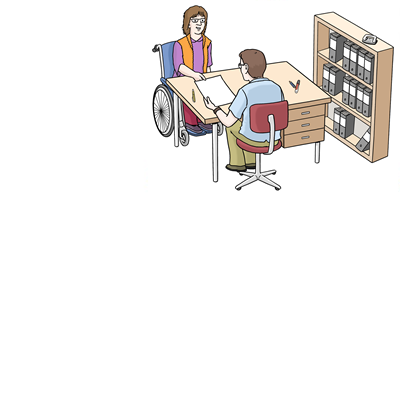 Antrag stellen, Amt, Behörde, Altötting, Leichte Sprache, Foto Lebenshilfe für Menschen mit geistiger Behinderung Bremen e.V., Illustrator Stefan Albers, Atelier Fleetinsel, 2013 Eine Frau im Rollstuhl stellt auf dem Amt einen Antrag. Strichzeichnung.