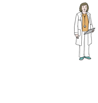 Arzt, Ärztin, Altötting, Leichte Sprache, Foto Lebenshilfe für Menschen mit geistiger Behinderung Bremen e.V., Illustrator Stefan Albers, Atelier Fleetinsel, 2013 Ein Frau im weißen Kittel ist Ärztin. Strichzeichnung.