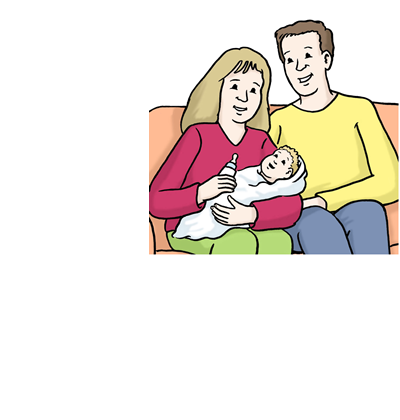 Vater, Mutter und ein kleines Baby sitzen auf einer Couch. Strichzeichnung.