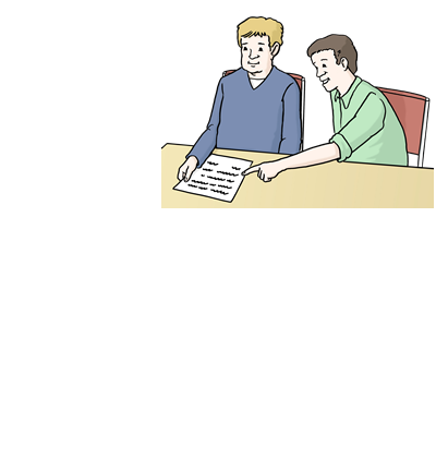 Zwei Männer sitzen an einem Tisch. Der eine Mann erklärt dem anderen etwas und zeigt auf ein Dokument, das auf dem Tisch liegt.