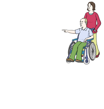 Assistenz, Rollstuhl, Altötting, Leichte Sprache, Foto Lebenshilfe für Menschen mit geistiger Behinderung Bremen e.V., Illustrator Stefan Albers, Atelier Fleetinsel, 2013 Eine junge Frau schiebe einen Mann im Rollstuhl.