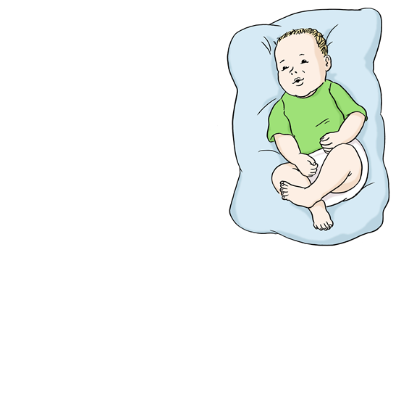 Ein Baby mit einem grünen T-Shirt liegt auf einer Decke. Strichzeichnung.