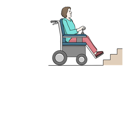 Eine Frau steht mit ihrem Rollstuhl vor einem Treppenabsatz.