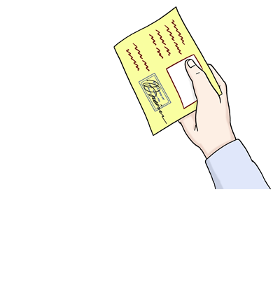 Eine Hand hält einen gelben Zettel mit einer Bescheinigung. Strichzeichnung. 