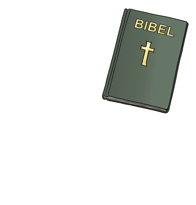 Bibel, Kirche, Wallfahrt, Altötting, Leichte Sprache, Foto Lebenshilfe für Menschen mit geistiger Behinderung Bremen e.V., Illustrator Stefan Albers, Atelier Fleetinsel, 2013 Ein grünes Buch mit einem goldenen Kreuz auf der vorderen Seite ist eine Bibel.