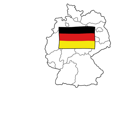 Deutschland, Karte, Altötting, Leichte Sprache, Foto Lebenshilfe für Menschen mit geistiger Behinderung Bremen e.V., Illustrator Stefan Albers, Atelier Fleetinsel, 2013 Die Abbildung der Deutschland-Karte mit der deutschen Flagge in der Mitte. Strichzeichnung.