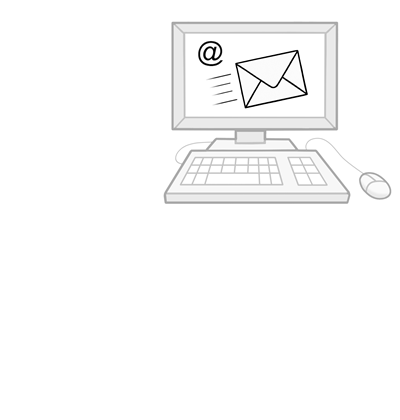 Auf einem Computer sind ein Brief und das @ Zeichen abgebildet. Das soll Email bedeuten. Strichzeichnung.
