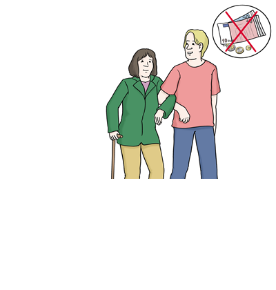 Ehrenamt, Hilfe, Wahl, Altötting, Leichte Sprache, Foto Lebenshilfe für Menschen mit geistiger Behinderung Bremen e.V., Illustrator Stefan Albers, Atelier Fleetinsel, 2013 Ein junger Mann hilft einer Frau. Er will kein Geld dafür haben. Strichzeichnung.