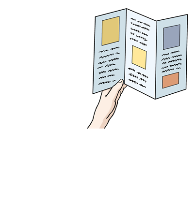 Faltblatt, Information, Altötting, Leichte Sprache, Foto Lebenshilfe für Menschen mit geistiger Behinderung Bremen e.V., Illustrator Stefan Albers, Atelier Fleetinsel, 2013 Ein buntes Blatt Papier ist zweimal gefaltet, damit man es besser einstecken kann. Das nennt man Faltblatt. Strichzeichnung.