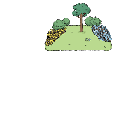 Garten, Park, Altötting, Leichte Sprache, Foto Lebenshilfe für Menschen mit geistiger Behinderung Bremen e.V., Illustrator Stefan Albers, Atelier Fleetinsel, 2013 Ein Garten mit bunten Blumen und einem Baum in der Mitte.