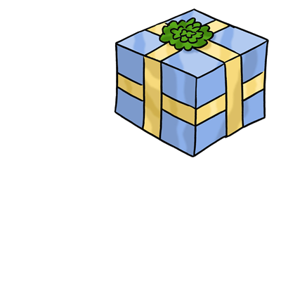 Geschenk, Schenken, Altötting, Leichte Sprache, Foto Lebenshilfe für Menschen mit geistiger Behinderung Bremen e.V., Illustrator Stefan Albers, Atelier Fleetinsel, 2013 Ein blau eingepackter Karton mit einer gelben Schleife ist ein Geschenk.