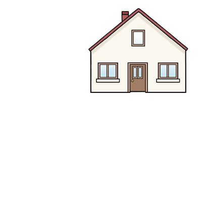 Ein Haus ist zu sehen. Die Front hat zwei Fenster und einer Tür. 