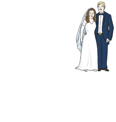 Ein frisch getrautes Ehepaar steht mit Brautkleid und schwarzem Anzug nebeneinander. Strichzeichnung.