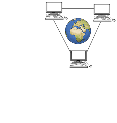 Drei Computer sind um eine Weltkugel gruppiert. Das soll die weltweite Verbindung mit dem Internet darstellen. Strichzeichnung. 