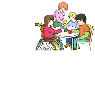 Ein Kind sitzt in einem Rollstuhl und spielt mit anderen Kindern. 