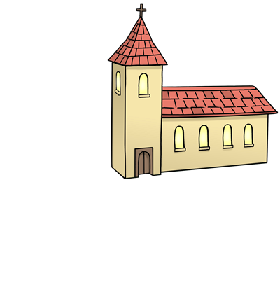 Eine Kirche mit einem großen Kirchturm ist auf dem Bild zu sehen. 