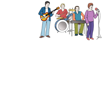 Vier Männer stehen auf einer Bühne und machen zusammen als Band Musik. 