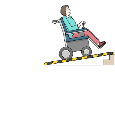 Eine Frau sitzt in ihrem Rollstuhl und fährt eine Rampe nach oben.